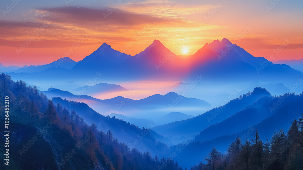 Obraz premium The mountains are covered in fog and the sun is setting behind them