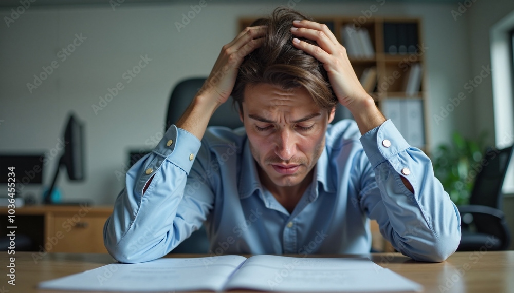 Stressed Man Holding Head Over Open Book at Desk Stressed Man Holding Head Over Open Book at Desk