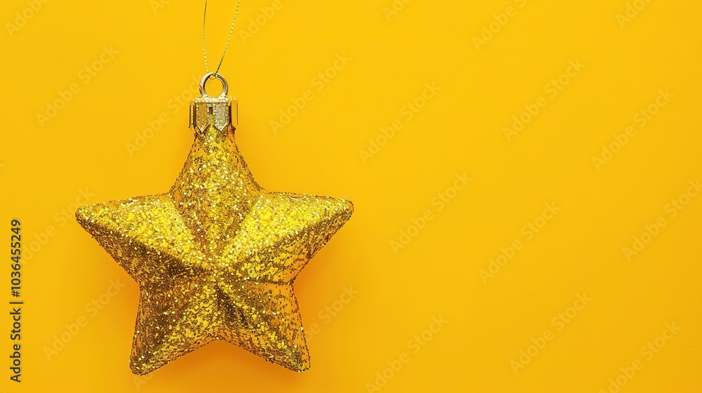 Golden Christmas star ornament bauble isolated on yellow background - a festive and glittering symbol. This beautiful golden star bauble stands out against the bright yellow backdrop, bringing holiday Golden Christmas star ornament bauble isolated on yellow background - a festive and glittering symbol. This beautiful golden star bauble stands out against the bright yellow backdrop, bringing holiday