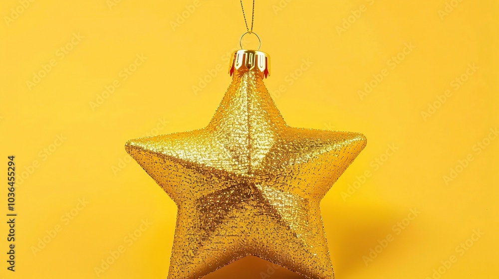Golden Christmas star ornament bauble isolated on yellow background - a festive and glittering symbol. This beautiful golden star bauble stands out against the bright yellow backdrop, bringing holiday Golden Christmas star ornament bauble isolated on yellow background - a festive and glittering symbol. This beautiful golden star bauble stands out against the bright yellow backdrop, bringing holiday