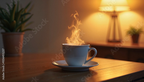 Steaming Cup of Coffee on Wooden Table by Warm Light