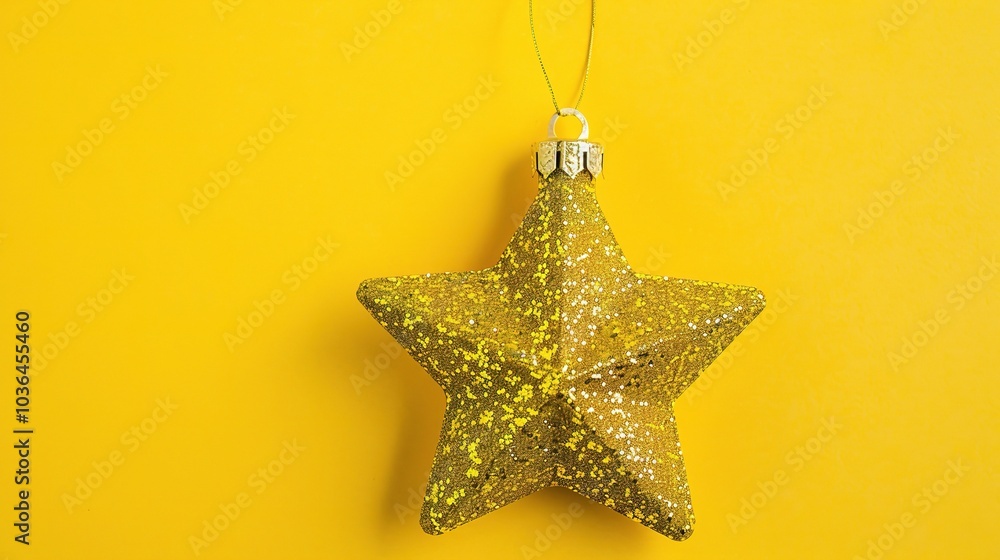 Golden Christmas star ornament bauble isolated on yellow background - a festive and glittering symbol. This beautiful golden star bauble stands out against the bright yellow backdrop, bringing holiday Golden Christmas star ornament bauble isolated on yellow background - a festive and glittering symbol. This beautiful golden star bauble stands out against the bright yellow backdrop, bringing holiday