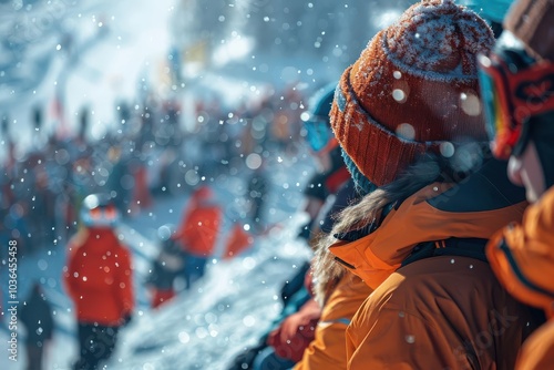 Spectators viewing snowboarding big air finals, sports, excitement photo