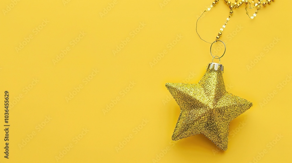 Golden Christmas star ornament bauble isolated on yellow background - a festive and glittering symbol. This beautiful golden star bauble stands out against the bright yellow backdrop, bringing holiday Golden Christmas star ornament bauble isolated on yellow background - a festive and glittering symbol. This beautiful golden star bauble stands out against the bright yellow backdrop, bringing holiday