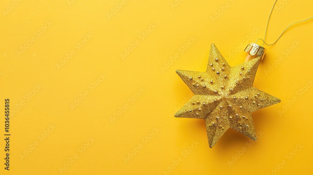 Golden Christmas star ornament bauble isolated on yellow background - a festive and glittering symbol. This beautiful golden star bauble stands out against the bright yellow backdrop, bringing holiday Golden Christmas star ornament bauble isolated on yellow background - a festive and glittering symbol. This beautiful golden star bauble stands out against the bright yellow backdrop, bringing holiday