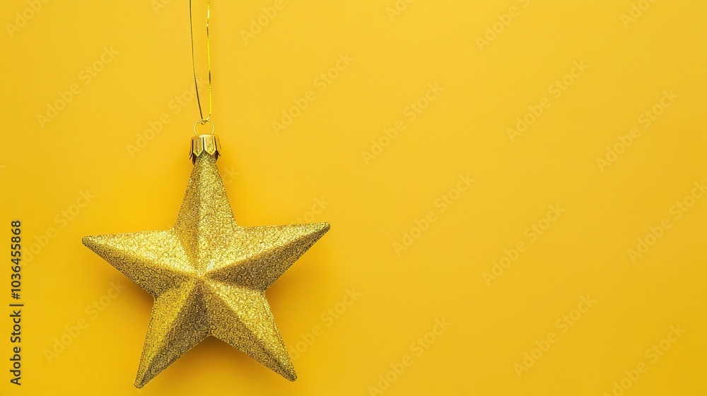 Golden Christmas star ornament bauble isolated on yellow background - a festive and glittering symbol. This beautiful golden star bauble stands out against the bright yellow backdrop, bringing holiday Golden Christmas star ornament bauble isolated on yellow background - a festive and glittering symbol. This beautiful golden star bauble stands out against the bright yellow backdrop, bringing holiday