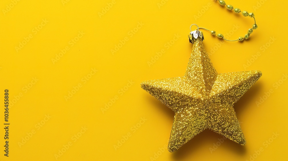 Golden Christmas star ornament bauble isolated on yellow background - a festive and glittering symbol. This beautiful golden star bauble stands out against the bright yellow backdrop, bringing holiday Golden Christmas star ornament bauble isolated on yellow background - a festive and glittering symbol. This beautiful golden star bauble stands out against the bright yellow backdrop, bringing holiday