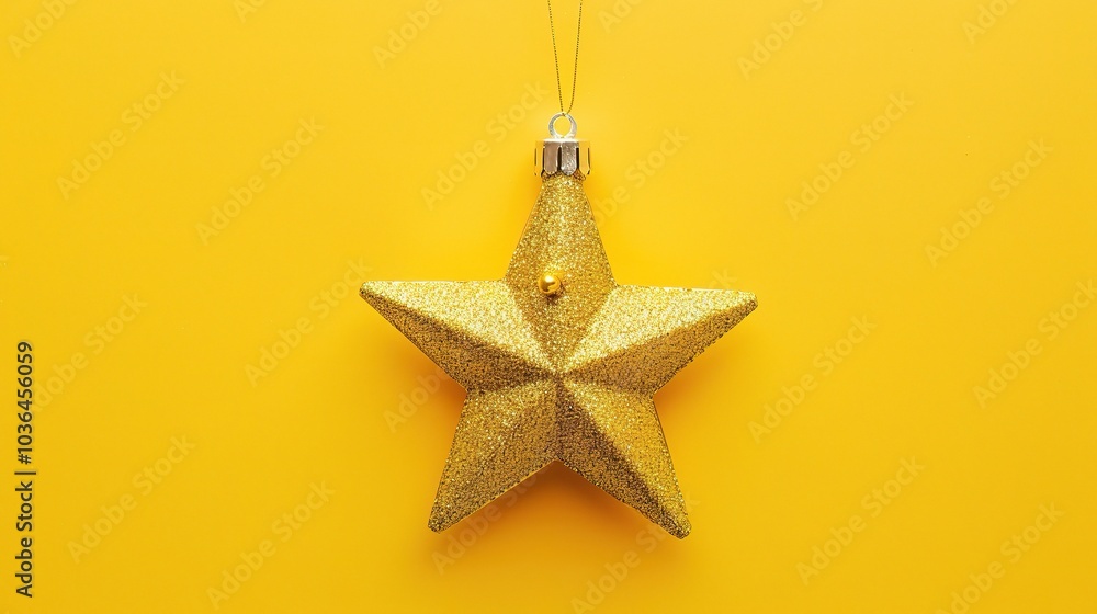 Golden Christmas star ornament bauble isolated on yellow background - a festive and glittering symbol. This beautiful golden star bauble stands out against the bright yellow backdrop, bringing holiday Golden Christmas star ornament bauble isolated on yellow background - a festive and glittering symbol. This beautiful golden star bauble stands out against the bright yellow backdrop, bringing holiday