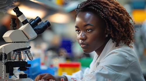 A biomedical researcher analyzing cell cultures under a microscope, surrounded by lab equipment and vials, as part of a study on new medical treatments.