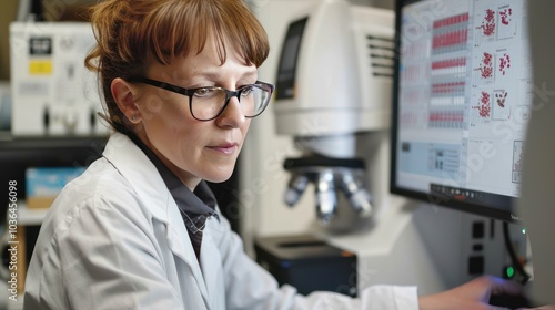 A biomedical scientist using a flow cytometer to study the immune response of patients undergoing cancer treatment, with detailed data displayed on a monitor. photo