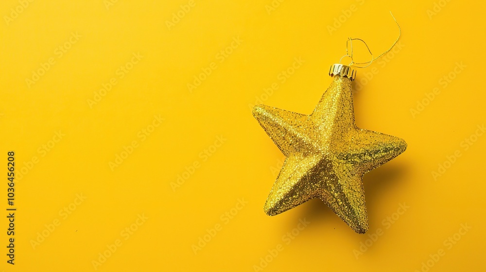 Golden Christmas star ornament bauble isolated on yellow background - a festive and glittering symbol. This beautiful golden star bauble stands out against the bright yellow backdrop, bringing holiday Golden Christmas star ornament bauble isolated on yellow background - a festive and glittering symbol. This beautiful golden star bauble stands out against the bright yellow backdrop, bringing holiday