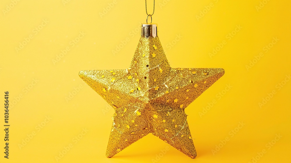 Golden Christmas star ornament bauble isolated on yellow background - a festive and glittering symbol. This beautiful golden star bauble stands out against the bright yellow backdrop, bringing holiday Golden Christmas star ornament bauble isolated on yellow background - a festive and glittering symbol. This beautiful golden star bauble stands out against the bright yellow backdrop, bringing holiday