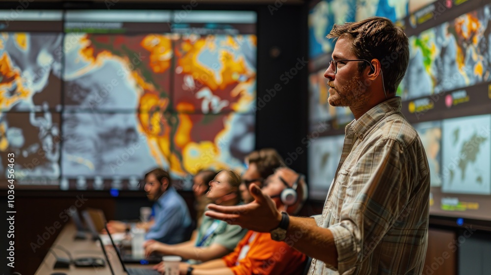 A climate scientist presenting their research findings to colleagues, with climate maps, data visualizations, and projections displayed on a large screen during a conference. A climate scientist presenting their research findings to colleagues, with climate maps, data visualizations, and projections displayed on a large screen during a conference.