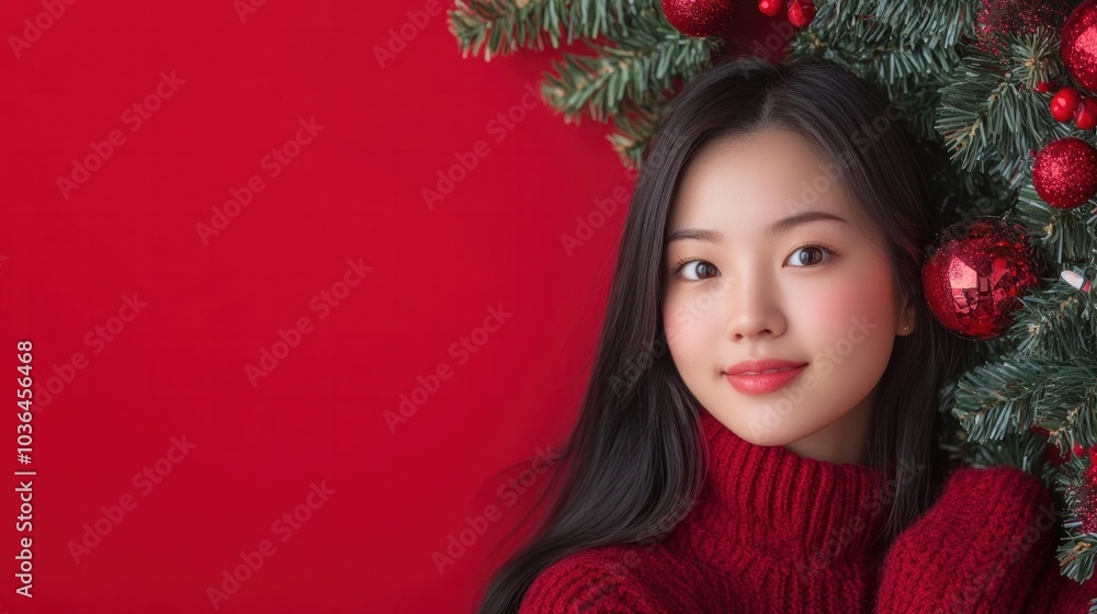 photograph of Red blank background above decorated for Christmas and Happy New Year. Copy space photograph of Red blank background above decorated for Christmas and Happy New Year. Copy space