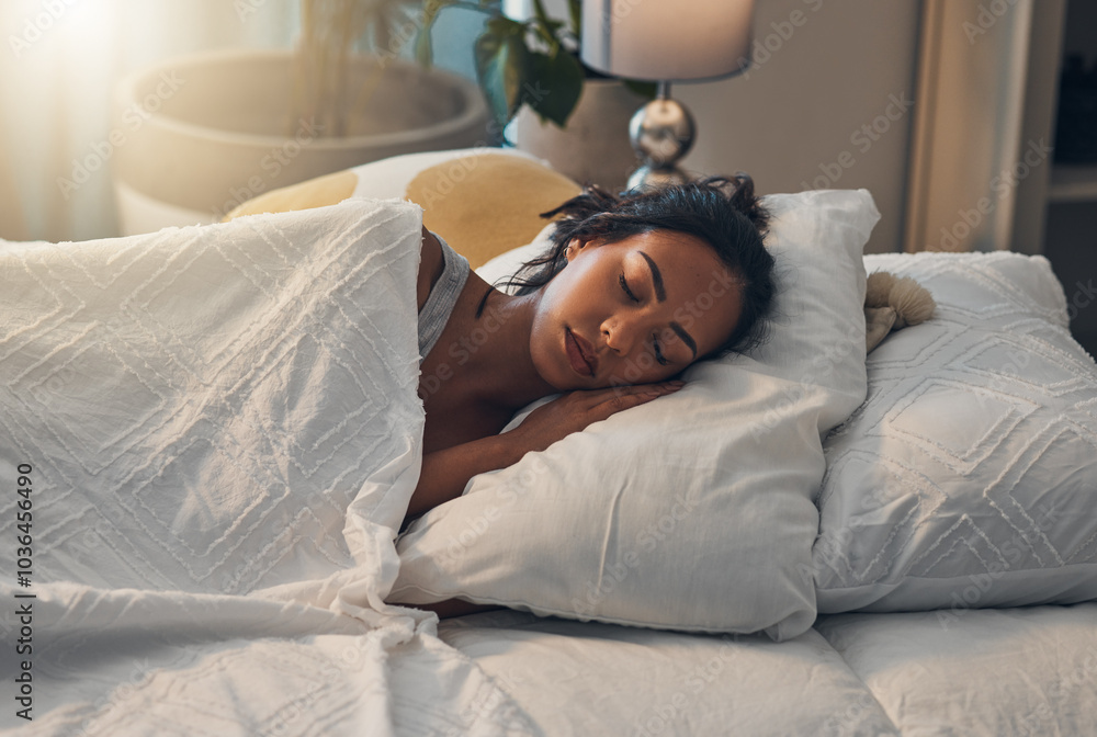Woman, tired and sleeping in bed for relax, comfort and exhausted in home with blanket and pillow. Female person, fatigue and asleep in bedroom for nap, dream and burnout with rest, peace and break Woman, tired and sleeping in bed for relax, comfort and exhausted in home with blanket and pillow. Female person, fatigue and asleep in bedroom for nap, dream and burnout with rest, peace and break
