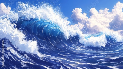 Anime Style Ocean Wave Crashing Under Blue Sky with White Clouds