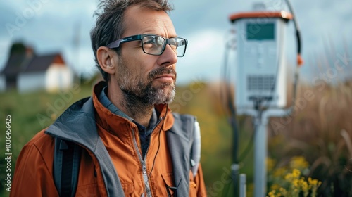 A climate scientist monitoring data from a weather station, collecting real-time information on wind speed, temperature, and atmospheric pressure. photo