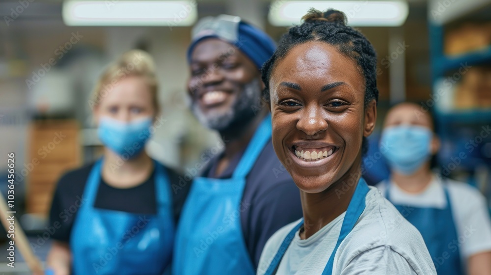 photograph of Smiling janitorial team in blue aprons