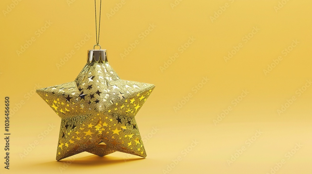 Golden Christmas star ornament bauble isolated on yellow background - a festive and glittering symbol. This beautiful golden star bauble stands out against the bright yellow backdrop, bringing holiday Golden Christmas star ornament bauble isolated on yellow background - a festive and glittering symbol. This beautiful golden star bauble stands out against the bright yellow backdrop, bringing holiday
