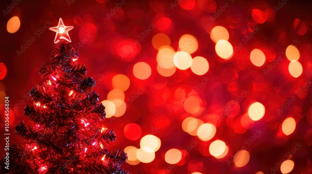Red canvas with Christmas tree and sparkle bokeh, festive lights twinkling around the tree, creating a warm, celebratory ambiance. The red background adds a rich holiday feel Red canvas with Christmas tree and sparkle bokeh, festive lights twinkling around the tree, creating a warm, celebratory ambiance. The red background adds a rich holiday feel