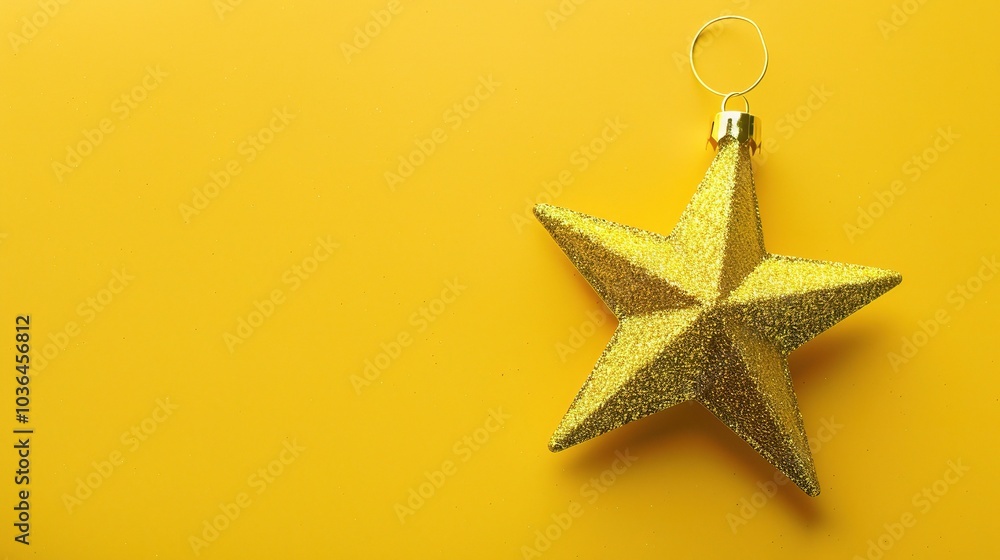 Golden Christmas star ornament bauble isolated on yellow background - a festive and glittering symbol. This beautiful golden star bauble stands out against the bright yellow backdrop, bringing holiday Golden Christmas star ornament bauble isolated on yellow background - a festive and glittering symbol. This beautiful golden star bauble stands out against the bright yellow backdrop, bringing holiday