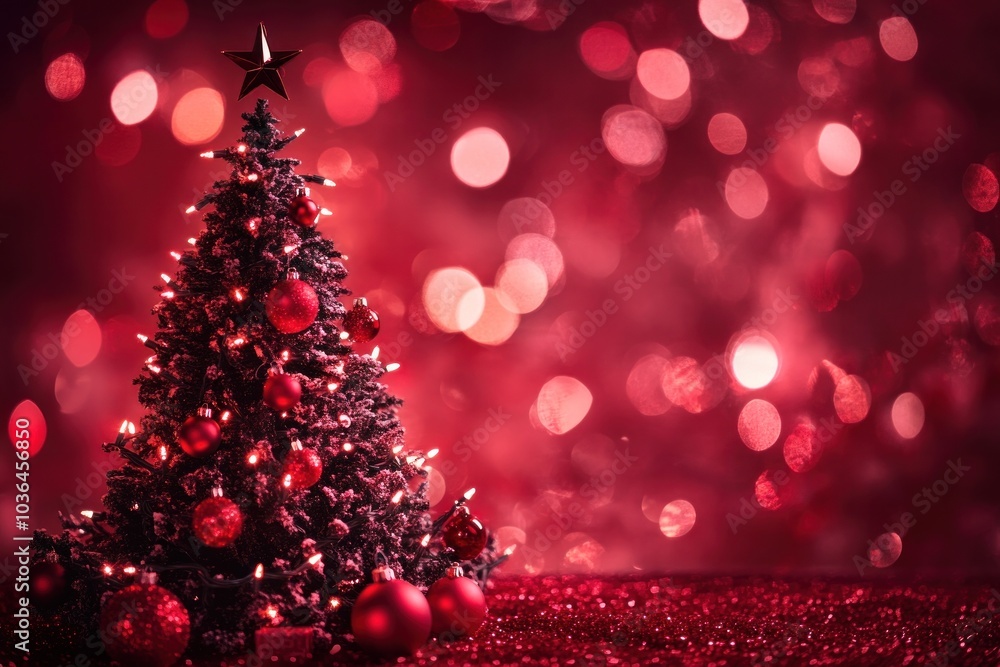 Red holiday canvas with a beautifully lit Christmas tree, featuring shiny decorations and twinkling lights, with bokeh effects creating a soft, festive glow throughout the scene Red holiday canvas with a beautifully lit Christmas tree, featuring shiny decorations and twinkling lights, with bokeh effects creating a soft, festive glow throughout the scene