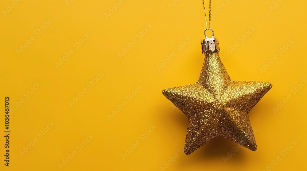 Golden Christmas star ornament bauble isolated on yellow background - a festive and glittering symbol. This beautiful golden star bauble stands out against the bright yellow backdrop, bringing holiday Golden Christmas star ornament bauble isolated on yellow background - a festive and glittering symbol. This beautiful golden star bauble stands out against the bright yellow backdrop, bringing holiday