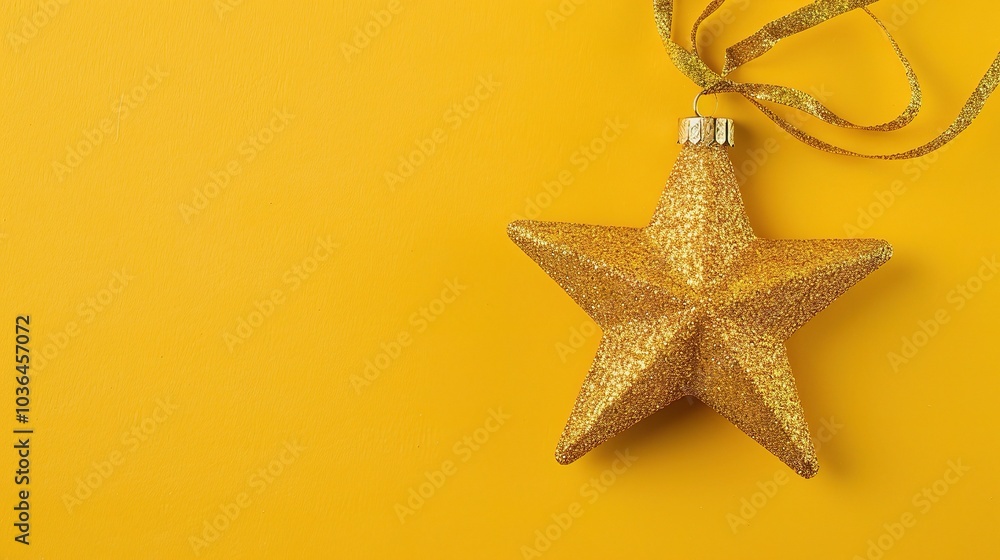 Golden Christmas star ornament bauble isolated on yellow background - a festive and glittering symbol. This beautiful golden star bauble stands out against the bright yellow backdrop Golden Christmas star ornament bauble isolated on yellow background - a festive and glittering symbol. This beautiful golden star bauble stands out against the bright yellow backdrop