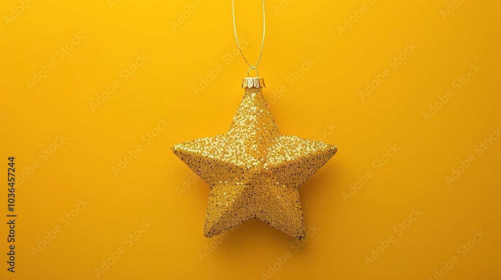 Golden Christmas star ornament bauble isolated on yellow background - a festive and glittering symbol. This beautiful golden star bauble stands out against the bright yellow backdrop Golden Christmas star ornament bauble isolated on yellow background - a festive and glittering symbol. This beautiful golden star bauble stands out against the bright yellow backdrop