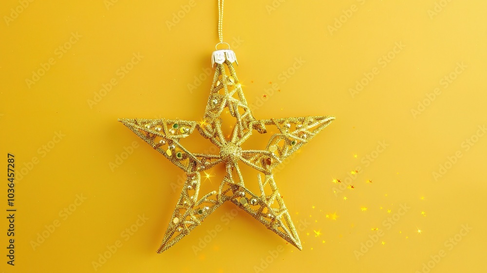 Golden Christmas star ornament bauble isolated on yellow background - a festive and glittering symbol. This beautiful golden star bauble stands out against the bright yellow backdrop Golden Christmas star ornament bauble isolated on yellow background - a festive and glittering symbol. This beautiful golden star bauble stands out against the bright yellow backdrop