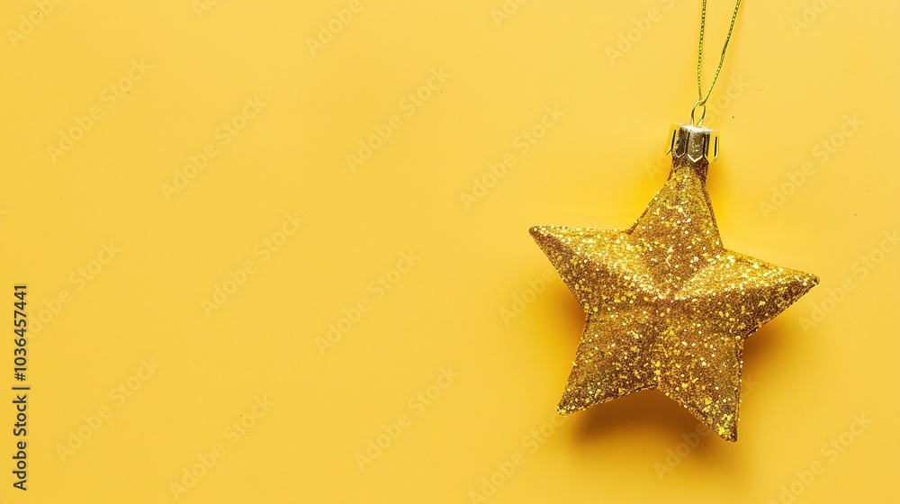 Golden Christmas star ornament bauble isolated on yellow background - a festive and glittering symbol. This beautiful golden star bauble stands out against the bright yellow backdrop Golden Christmas star ornament bauble isolated on yellow background - a festive and glittering symbol. This beautiful golden star bauble stands out against the bright yellow backdrop