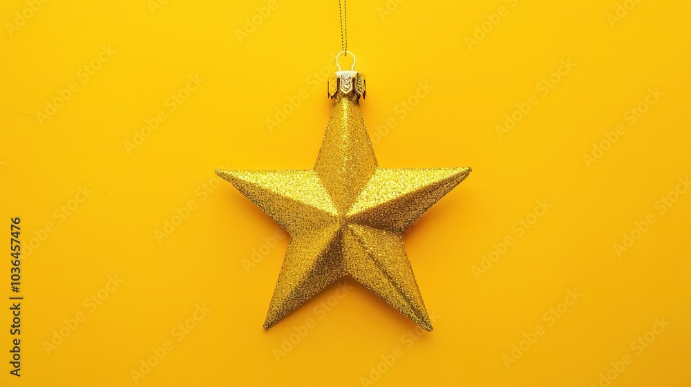 Golden Christmas star ornament bauble isolated on yellow background - a festive and glittering symbol. This beautiful golden star bauble stands out against the bright yellow backdrop Golden Christmas star ornament bauble isolated on yellow background - a festive and glittering symbol. This beautiful golden star bauble stands out against the bright yellow backdrop