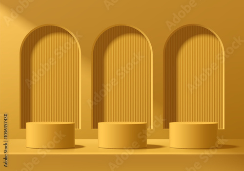 3D yellow round podium background with arch frame windows behind. Abstract geometric composition minimalist design. Studio display showroom stand product pedestal, Fashion stage showcase mockup scene.