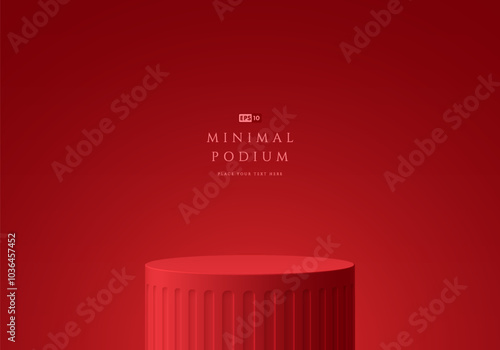 3D red round product podium in empty room. Abstract geometric composition in minimalist design. 3D Studio display showroom cosmetic stand product pedestal, Fashion stage showcase mockup wall scene.