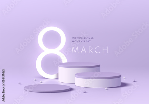 3D purple round podium set background in 8 march women day concept. Abstract geometric composition in minimalist design. Studio display showroom product pedestal, Fashion stage showcase mockup scene.