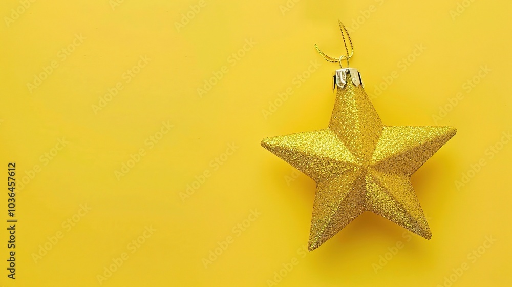 Golden Christmas star ornament bauble isolated on yellow background - a festive and glittering symbol. This beautiful golden star bauble stands out against the bright yellow backdrop Golden Christmas star ornament bauble isolated on yellow background - a festive and glittering symbol. This beautiful golden star bauble stands out against the bright yellow backdrop