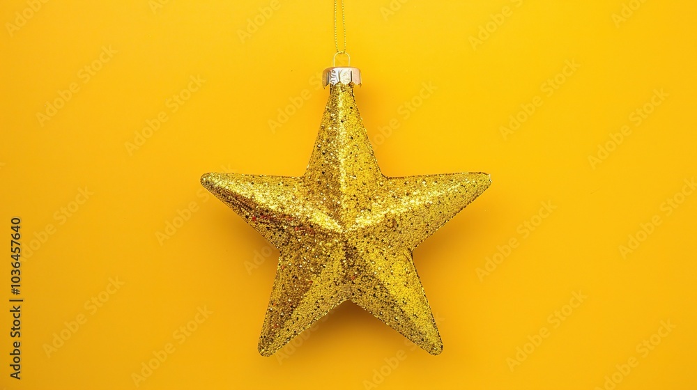 Golden Christmas star ornament bauble isolated on yellow background - a festive and glittering symbol. This beautiful golden star bauble stands out against the bright yellow backdrop Golden Christmas star ornament bauble isolated on yellow background - a festive and glittering symbol. This beautiful golden star bauble stands out against the bright yellow backdrop