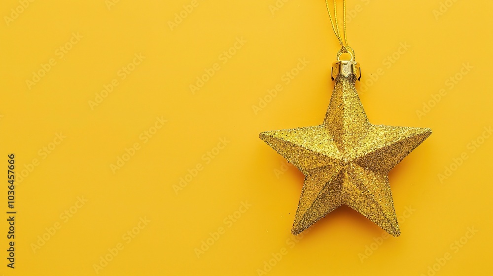 Golden Christmas star ornament bauble isolated on yellow background - a festive and glittering symbol. This beautiful golden star bauble stands out against the bright yellow backdrop Golden Christmas star ornament bauble isolated on yellow background - a festive and glittering symbol. This beautiful golden star bauble stands out against the bright yellow backdrop