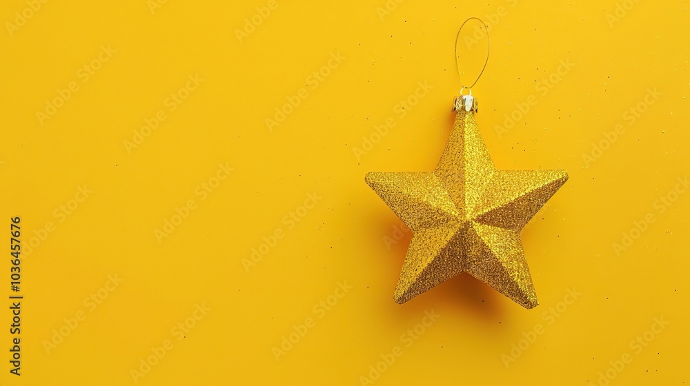 Golden Christmas star ornament bauble isolated on yellow background - a festive and glittering symbol. This beautiful golden star bauble stands out against the bright yellow backdrop Golden Christmas star ornament bauble isolated on yellow background - a festive and glittering symbol. This beautiful golden star bauble stands out against the bright yellow backdrop