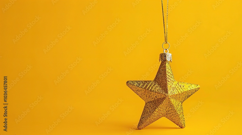 Golden Christmas star ornament bauble isolated on yellow background - a festive and glittering symbol. This beautiful golden star bauble stands out against the bright yellow backdrop Golden Christmas star ornament bauble isolated on yellow background - a festive and glittering symbol. This beautiful golden star bauble stands out against the bright yellow backdrop