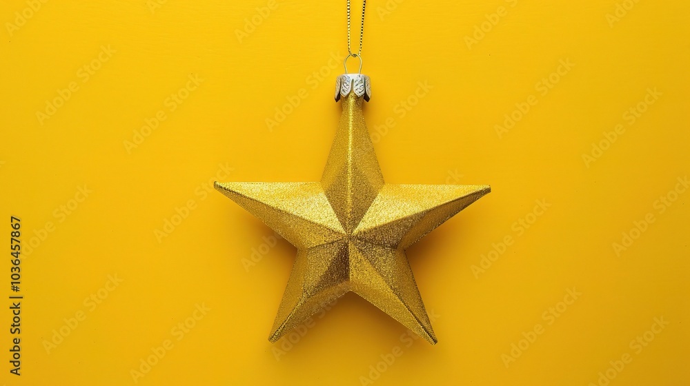 Golden Christmas star ornament bauble isolated on yellow background - a festive and glittering symbol. This beautiful golden star bauble stands out against the bright yellow backdrop Golden Christmas star ornament bauble isolated on yellow background - a festive and glittering symbol. This beautiful golden star bauble stands out against the bright yellow backdrop