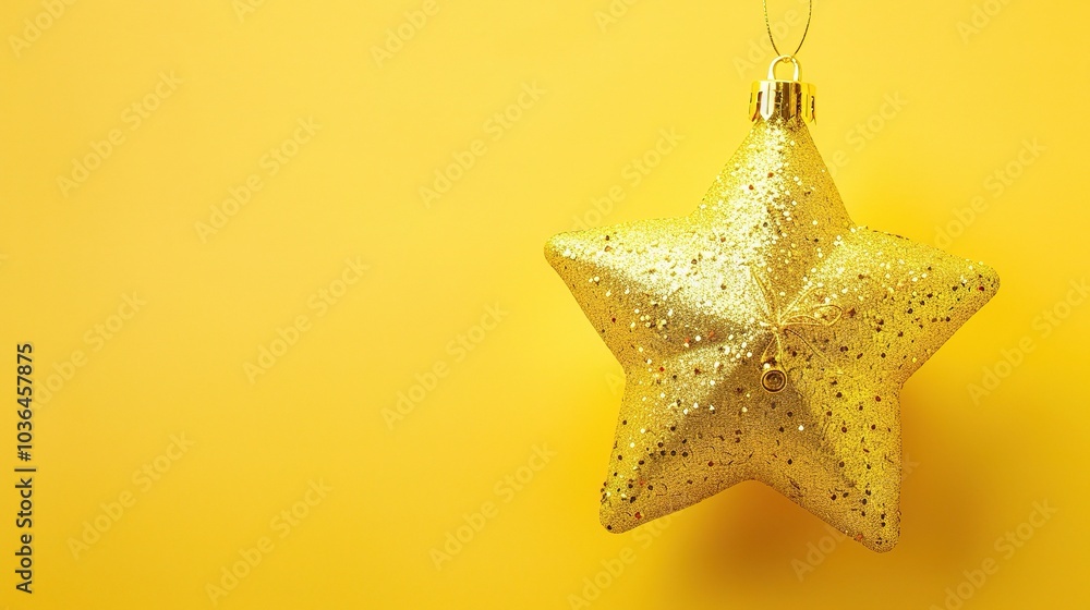Golden Christmas star ornament bauble isolated on yellow background - a festive and glittering symbol. This beautiful golden star bauble stands out against the bright yellow backdrop Golden Christmas star ornament bauble isolated on yellow background - a festive and glittering symbol. This beautiful golden star bauble stands out against the bright yellow backdrop