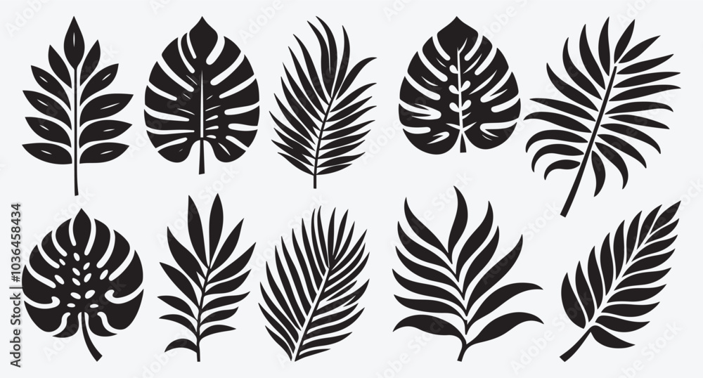 Fototapeta premium Tropical Leaves Silhouette Bundle Clip Art Vector Illustration Isolated on White Background
