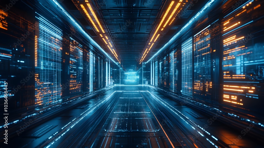 Obraz premium Light corridor in modern cyber sci fi corridor. 