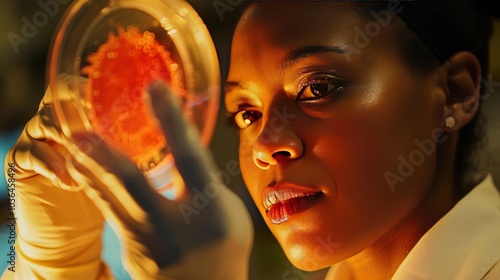 A close-up of a researcher holding a petri dish with bioengineered microorganisms, conducting a study on how they can be used for biofuel production. photo