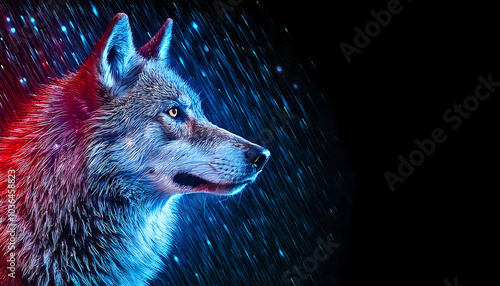 A powerful, glowing wolf with blue and red sparks and rain decorations. copy space for text photo