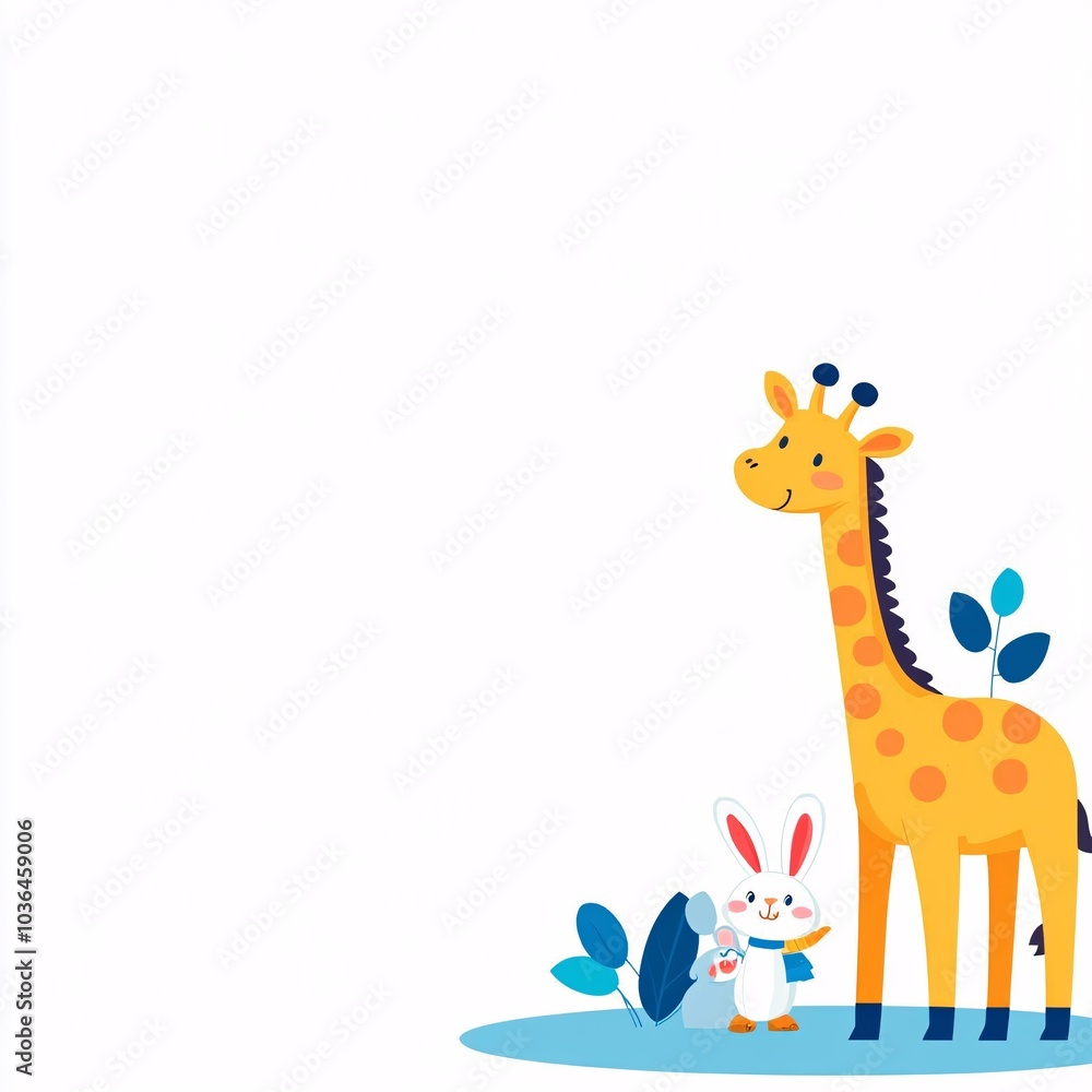 Cute Cartoon Giraffe Sharing Toys with Little Rabbit Cute Cartoon Giraffe Sharing Toys with Little Rabbit