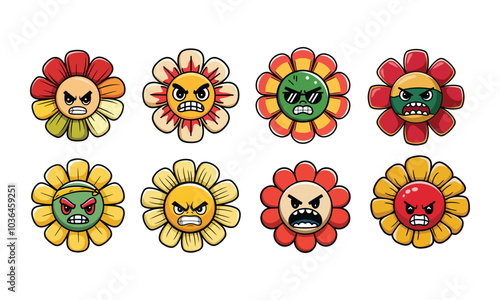 set of angry cartoon flowers character design