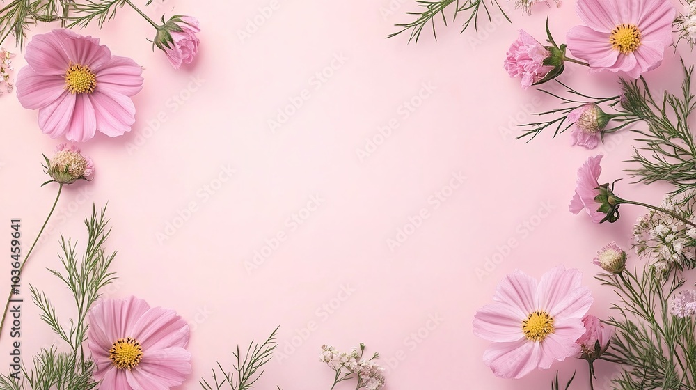 Fototapeta premium Elegant greenery decorative frame with pink cosmos flowers, decorative border, corner for greeting card, banner, business card, invitation, menu. pink background space for text 