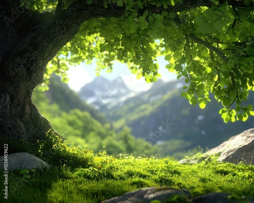 Lush green tree overlooking serene mountains and vibrant grass landscape. photo